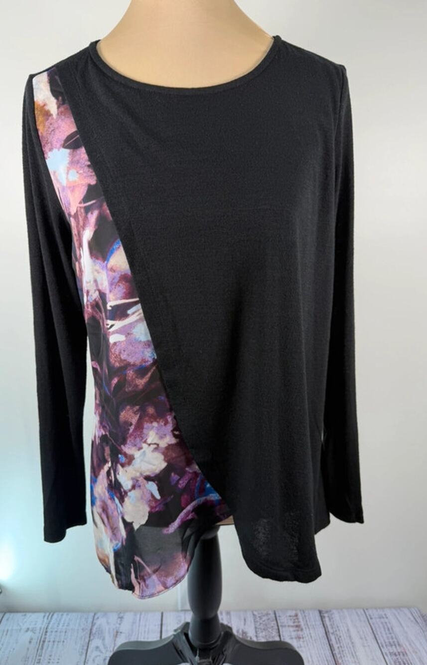 Simply Vera Wang Womens Mixed Media Top M Black Purple Floral Panel Long Sleeve